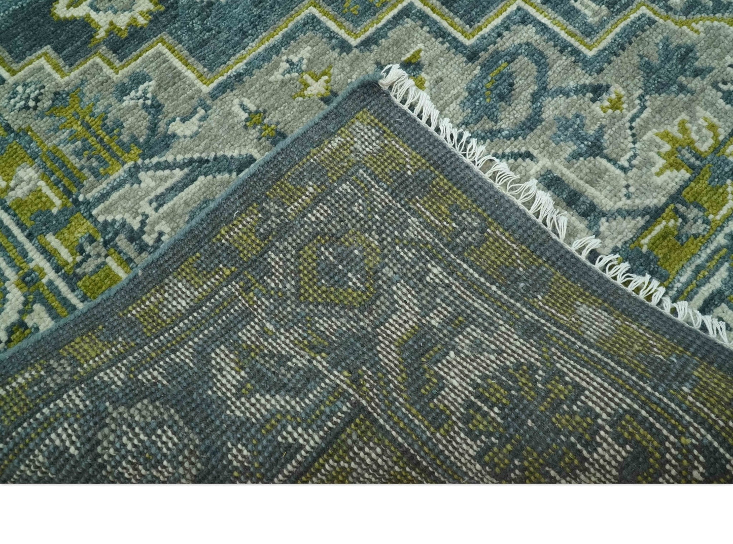 Antique Style Hand Knotted Teal, Gray and Green Traditional multi Size wool rug