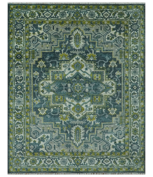 Antique Style Hand Knotted Teal, Gray and Green Traditional multi Size wool rug