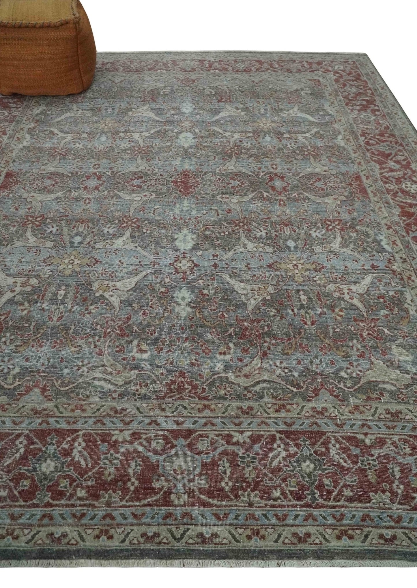 Antique Style Vintage Finish Low Pile Hand Knotted Gray, Silver and Rust Traditional Oushak Wool Rug | TRD2779