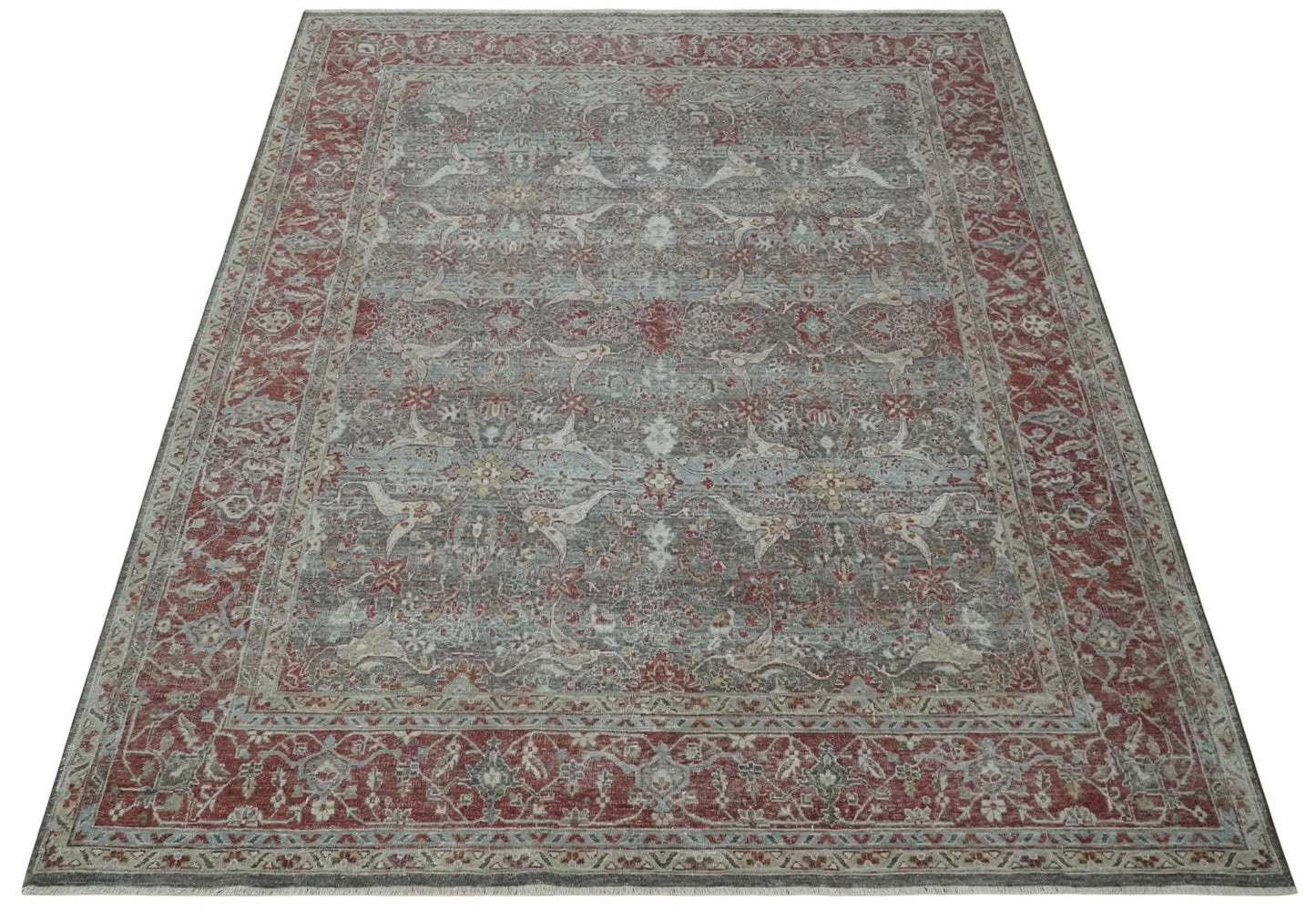 Antique Style Vintage Finish Low Pile Hand Knotted Gray, Silver and Rust Traditional Oushak Wool Rug | TRD2779