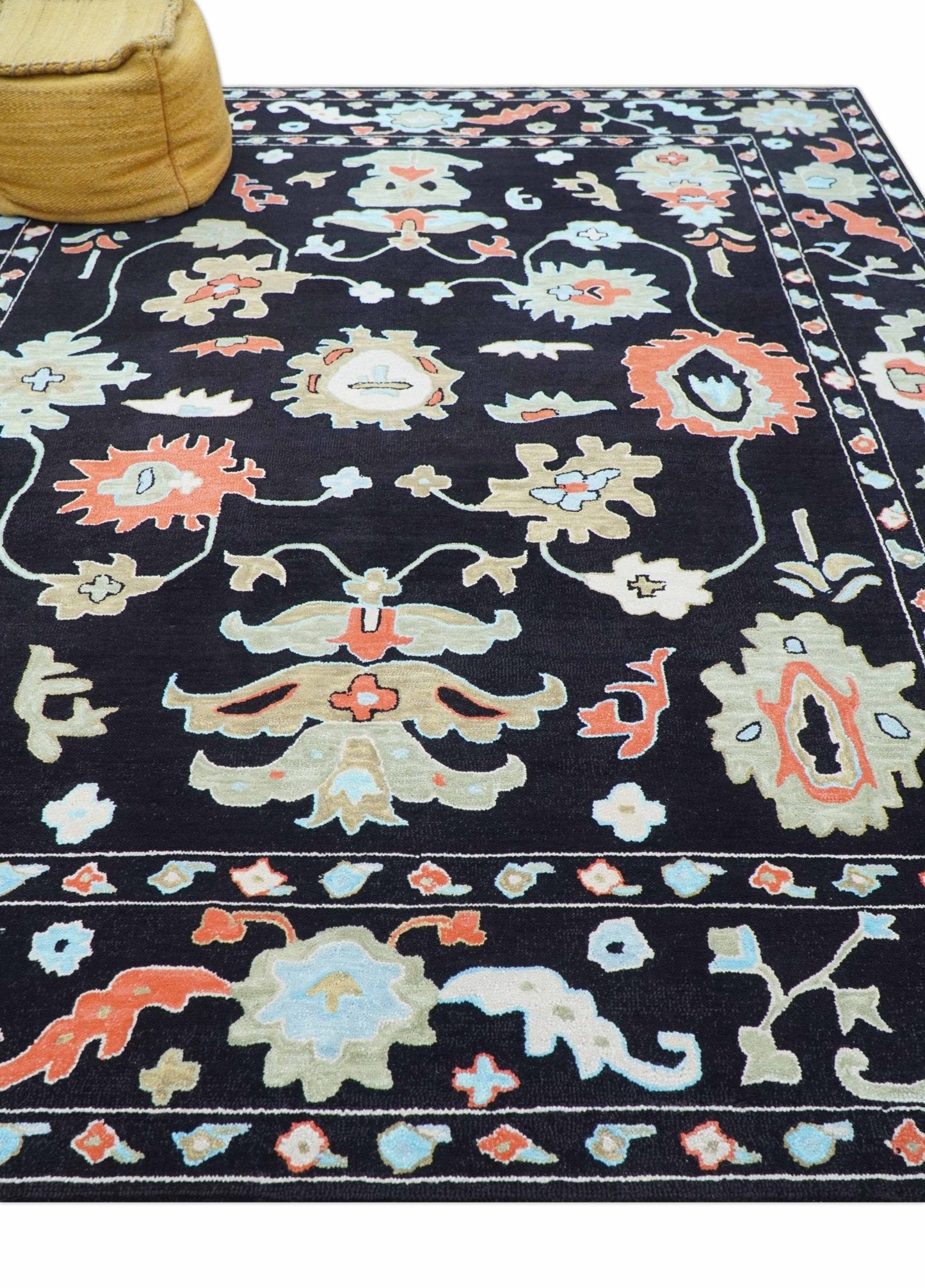 Azure Custom Made Traditional Oushak Black Hand Tufted Wool Rug