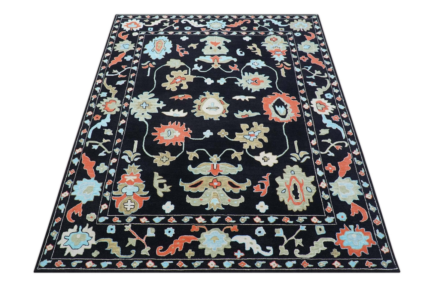 Azure Custom Made Traditional Oushak Black Hand Tufted Wool Rug