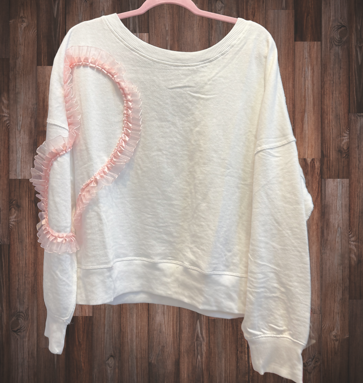 White Ruffle Heart Cute Sweatshirt Large