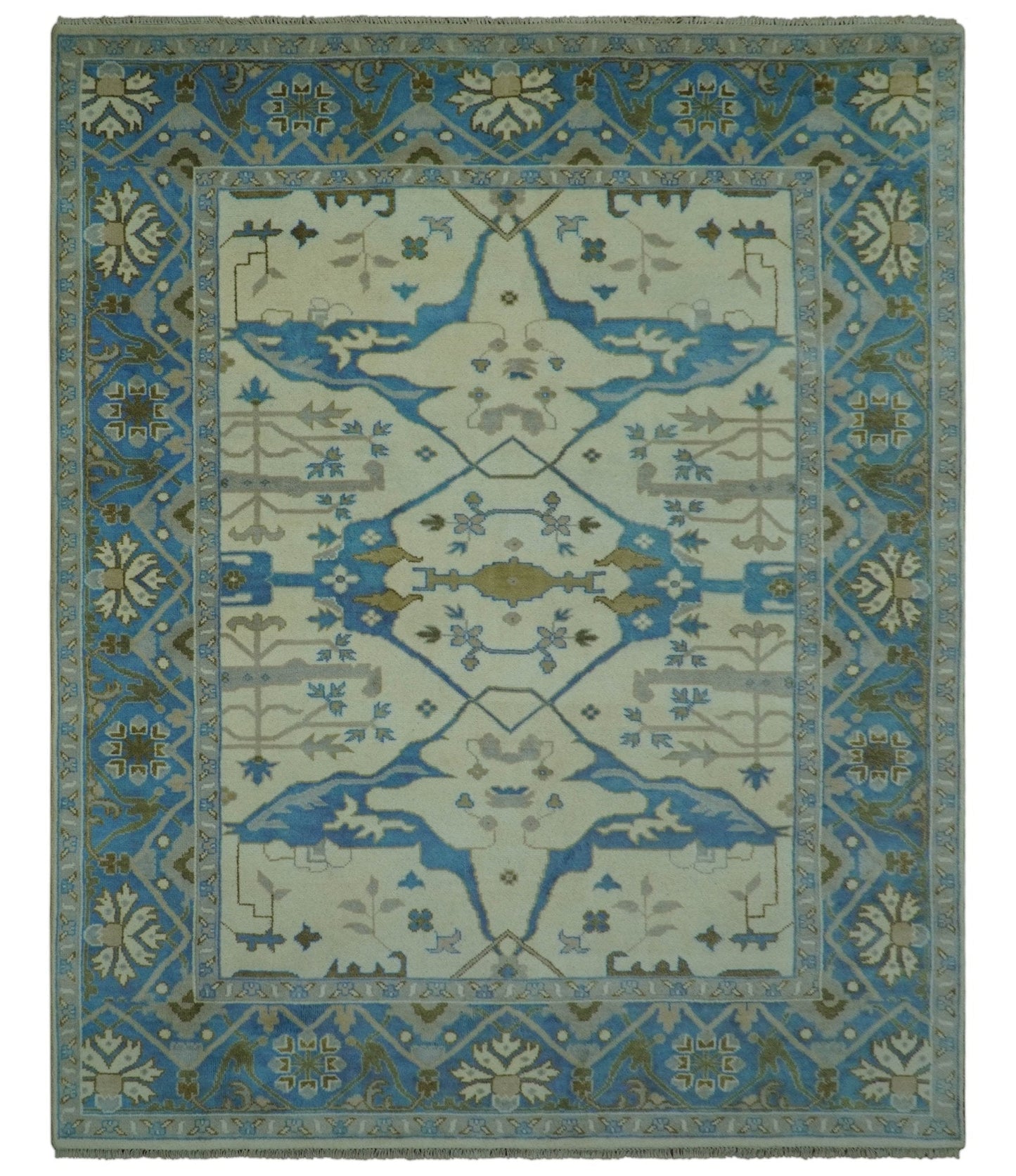 Beige and Blue Hand Knotted Oushak Custom Made wool Rug