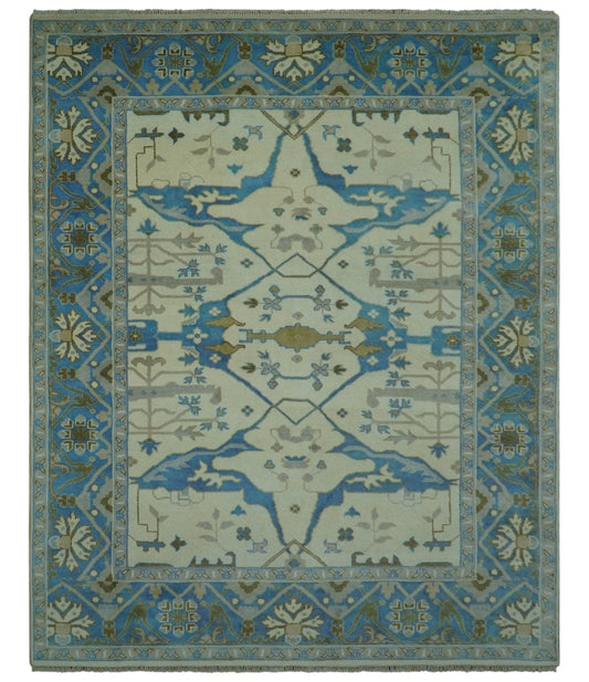 Beige and Blue Hand Knotted Oushak Custom Made wool Rug