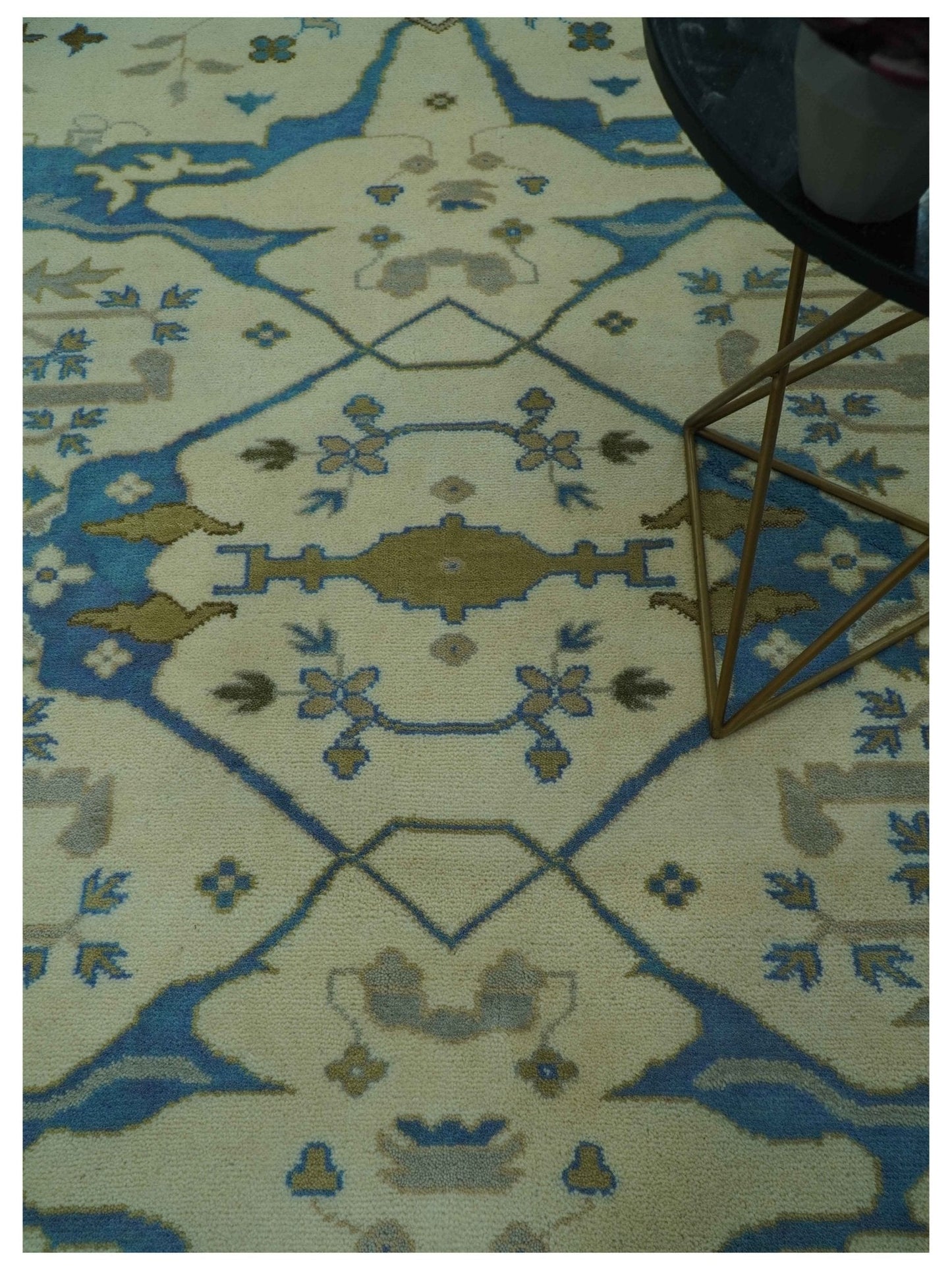 Beige and Blue Hand Knotted Oushak Custom Made wool Rug