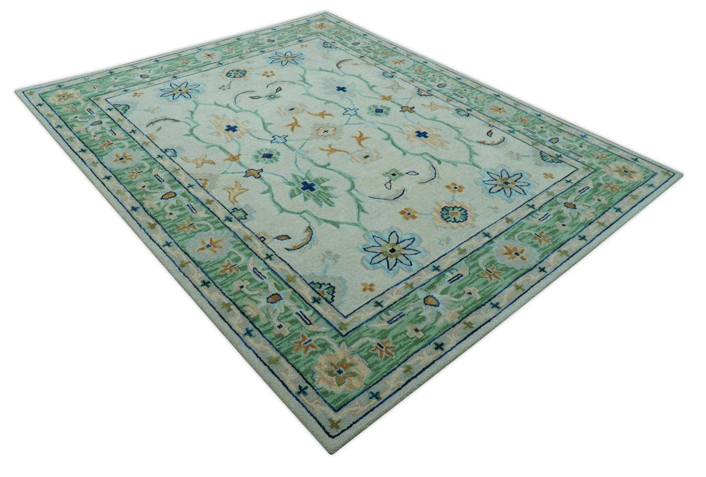 Beige and Green traditional Floral Oriental Oushak Hand Tufted Multi Size wool rug