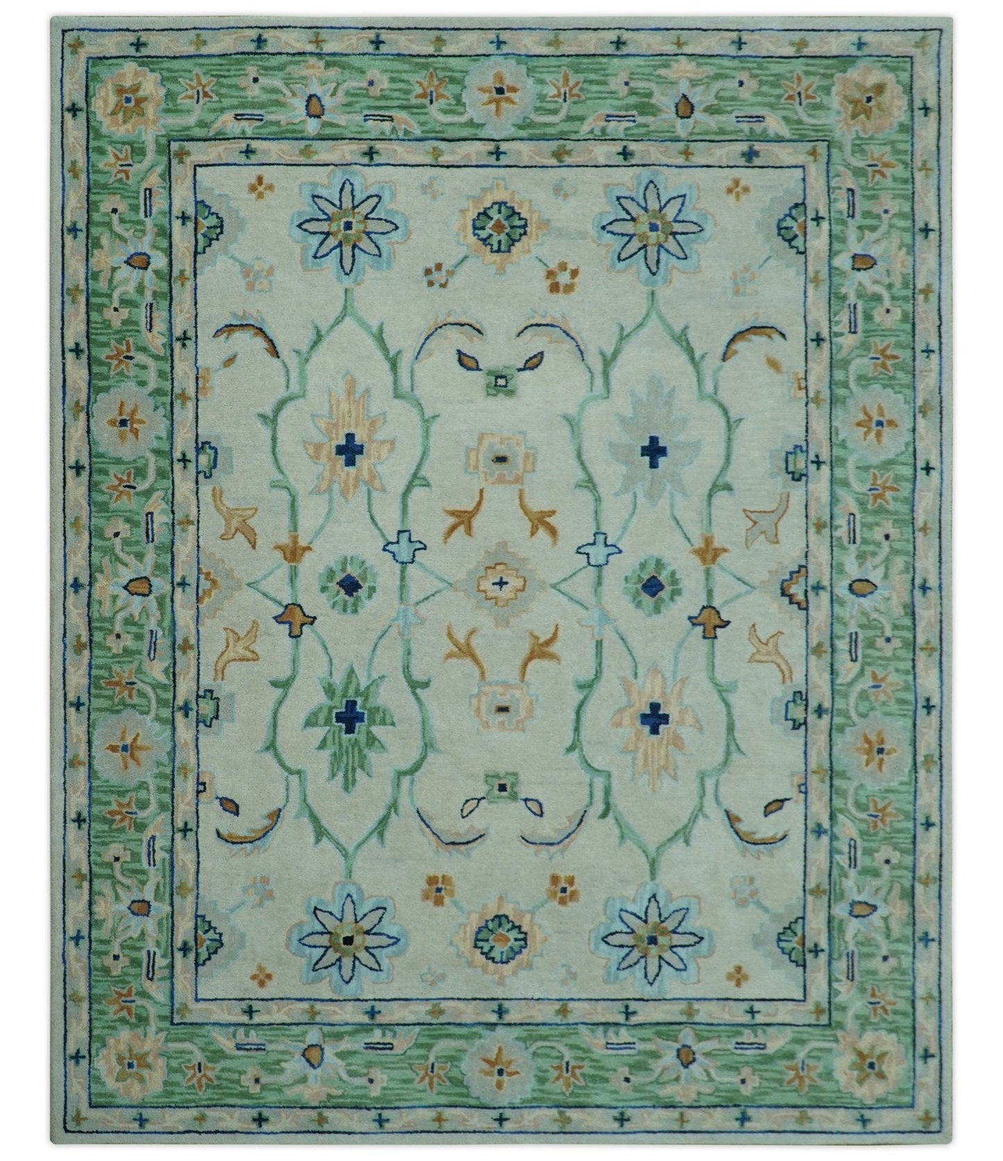 Beige and Green traditional Floral Oriental Oushak Hand Tufted Multi Size wool rug