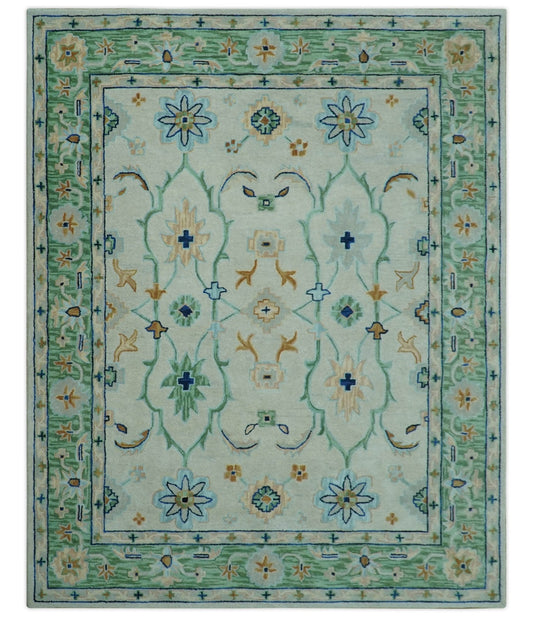 Beige and Green traditional Floral Oriental Oushak Hand Tufted Multi Size wool rug
