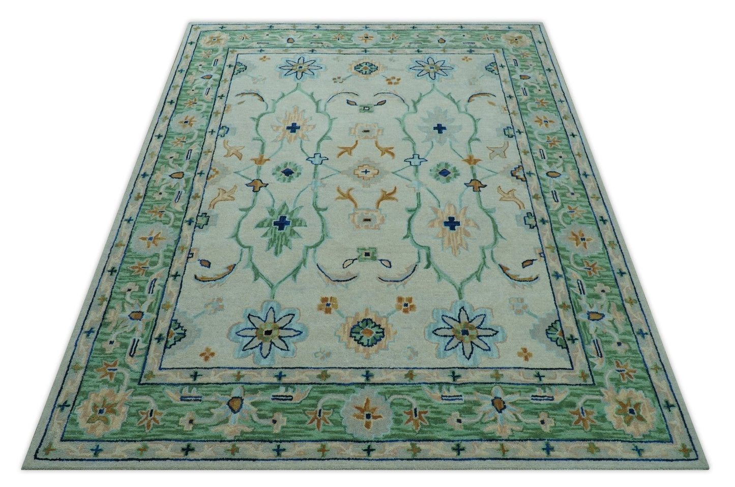 Beige and Green traditional Floral Oriental Oushak Hand Tufted Multi Size wool rug