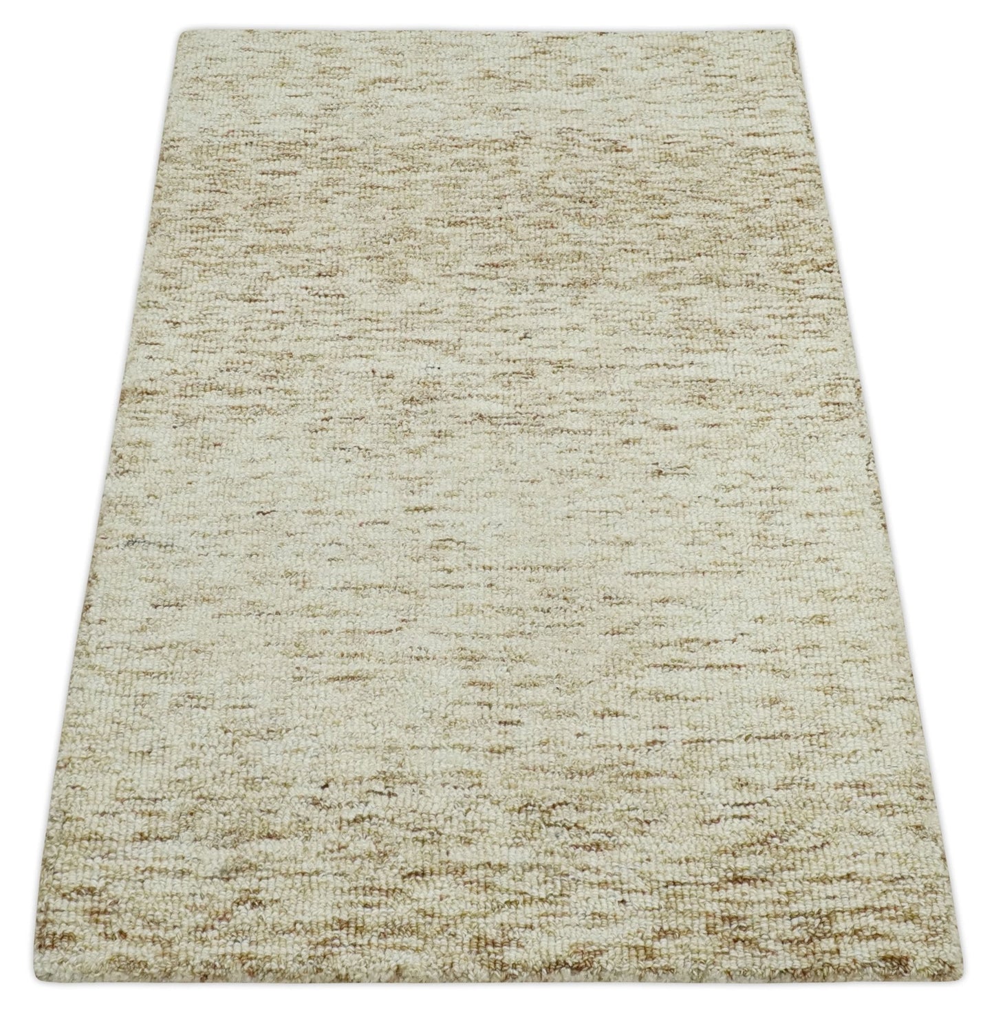 Beige and Ivory Shaded Solid Wool Hand Woven Multi Size Rug