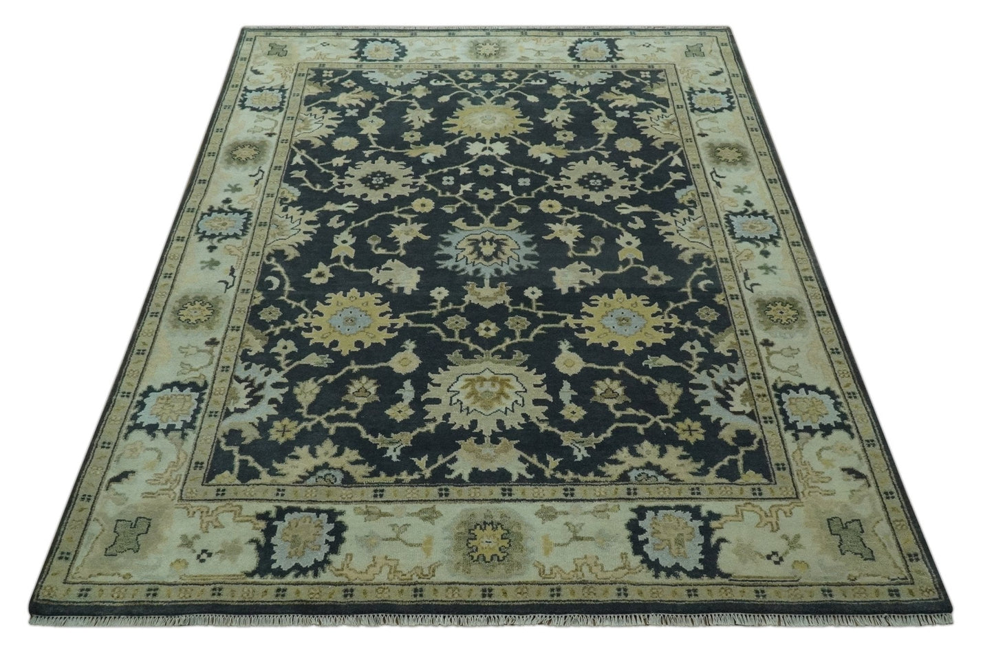 Black, Silver and Olive Oushak Hand Knotted Custom Made Wool Rug
