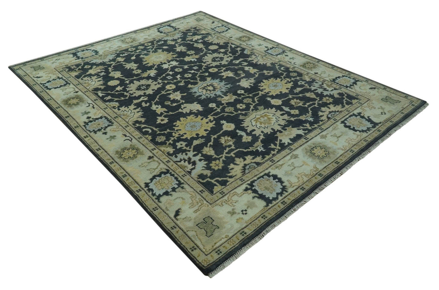Black, Silver and Olive Oushak Hand Knotted Custom Made Wool Rug