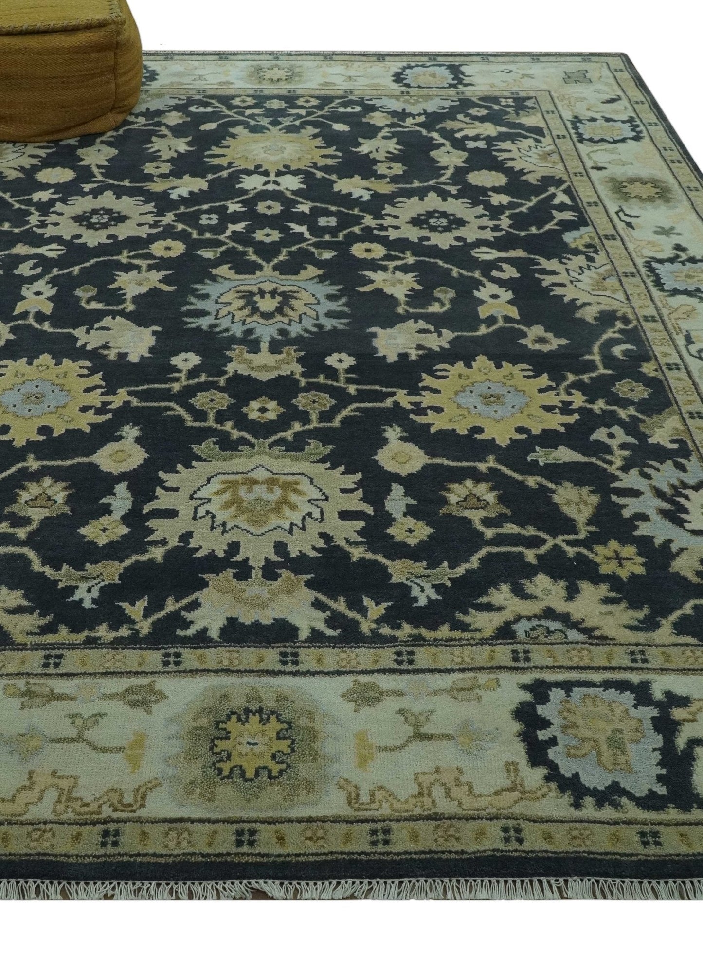 Black, Silver and Olive Oushak Hand Knotted Custom Made Wool Rug