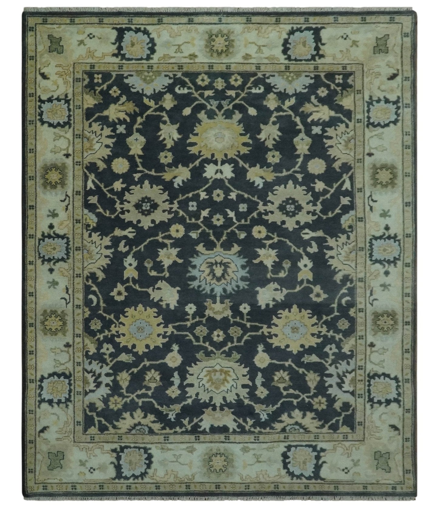 Black, Silver and Olive Oushak Hand Knotted Custom Made Wool Rug