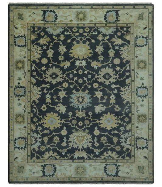 Black, Silver and Olive Oushak Hand Knotted Custom Made Wool Rug