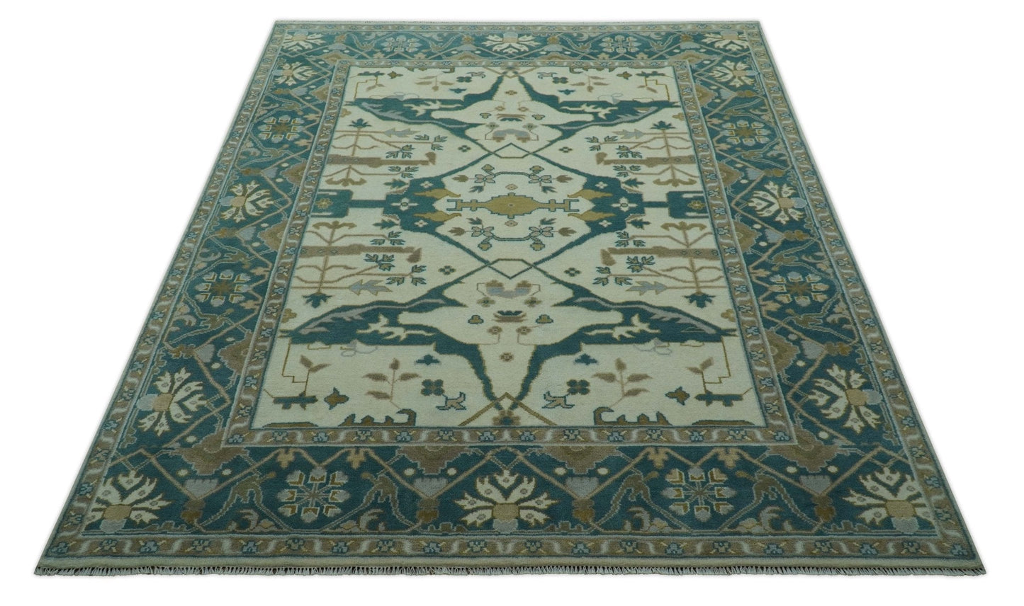 Blue And Beige Traditional Oushak Hand Knotted Custom Made wool rug