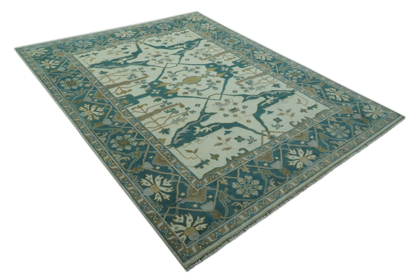 Blue And Beige Traditional Oushak Hand Knotted Custom Made wool rug