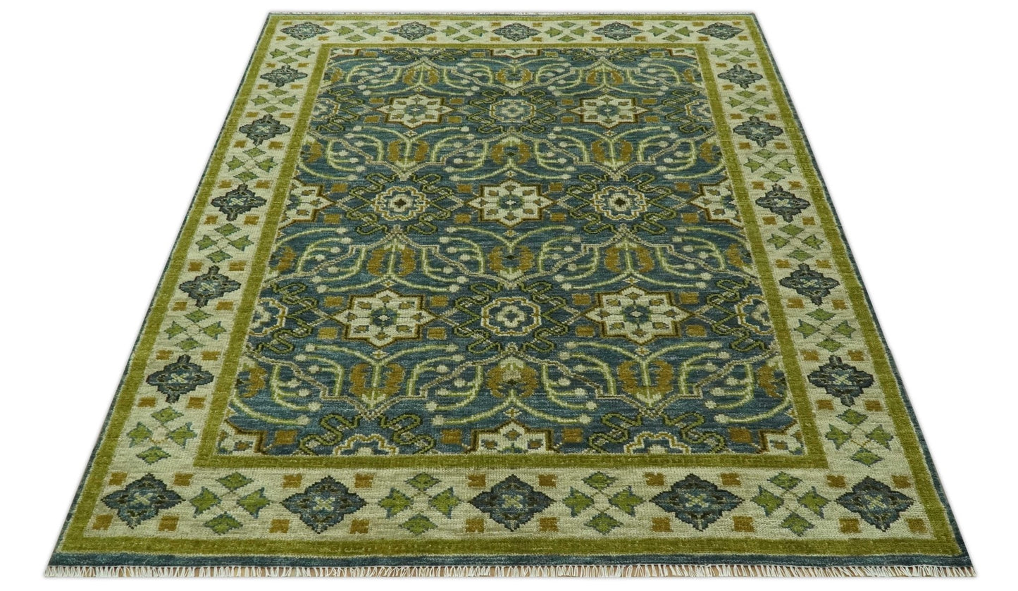 Blue and Olive Traditional motifs design Custom Made wool area rug