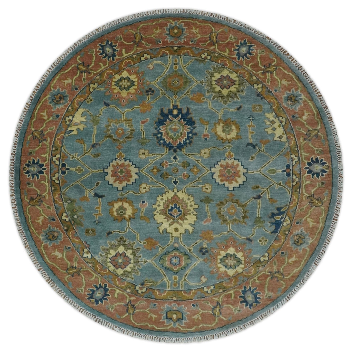 Hand Knotted Blue and Rust Traditional Oushak Area Rug