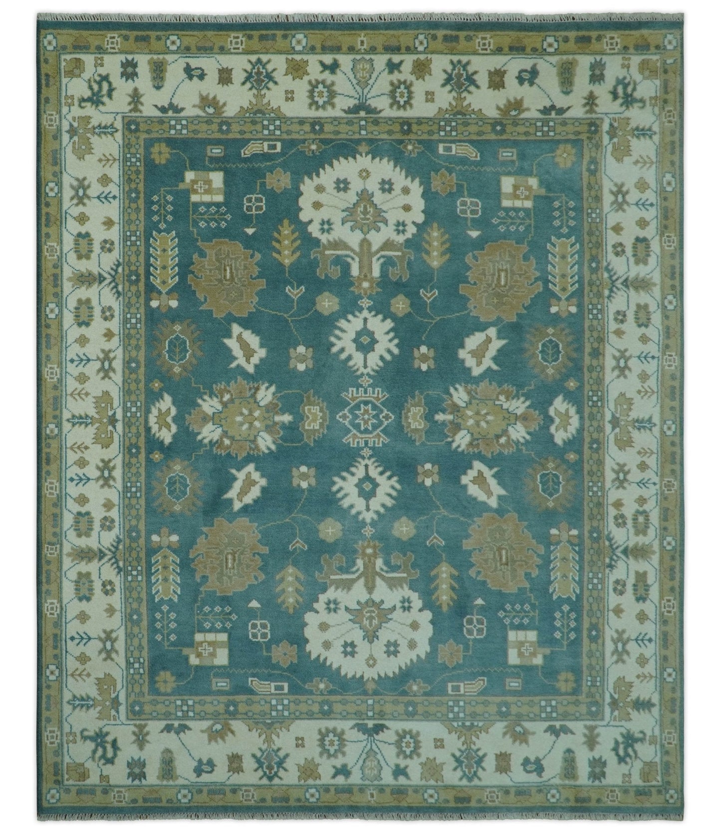 Blue, Beige And Green Traditional Hand Knotted Custom Made Wool rug