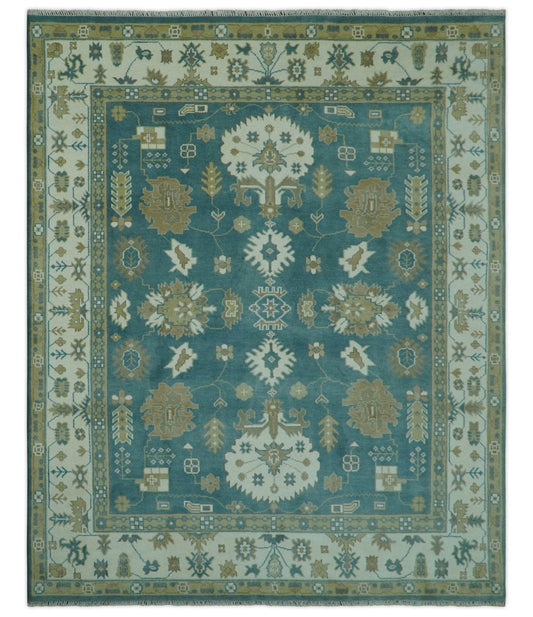 Blue, Beige And Green Traditional Hand Knotted Custom Made Wool rug