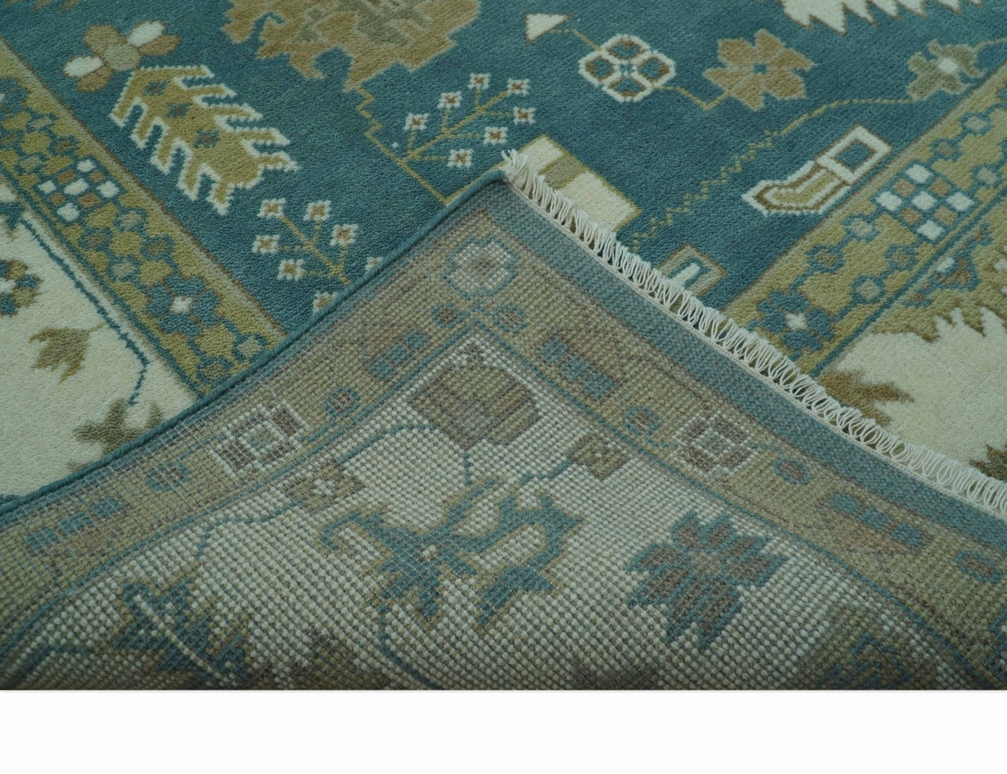 Blue, Beige And Green Traditional Hand Knotted Custom Made Wool rug