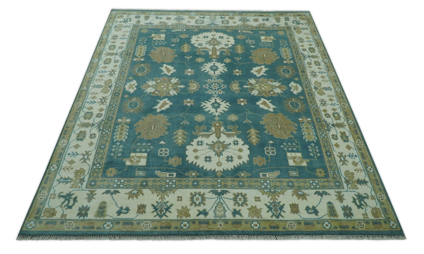 Blue, Beige And Green Traditional Hand Knotted Custom Made Wool rug