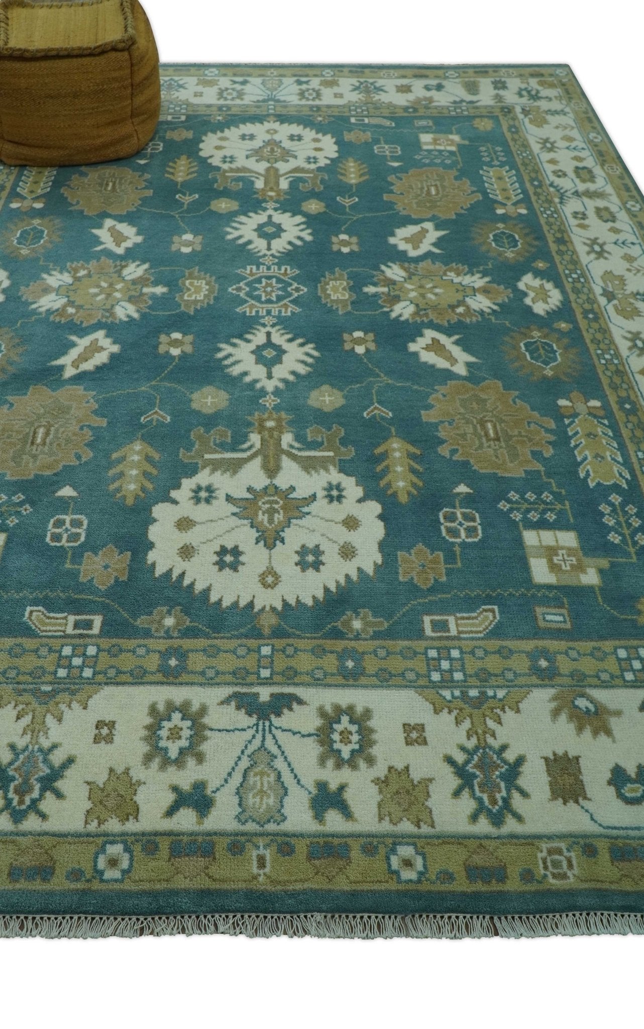 Blue, Beige And Green Traditional Hand Knotted Custom Made Wool rug