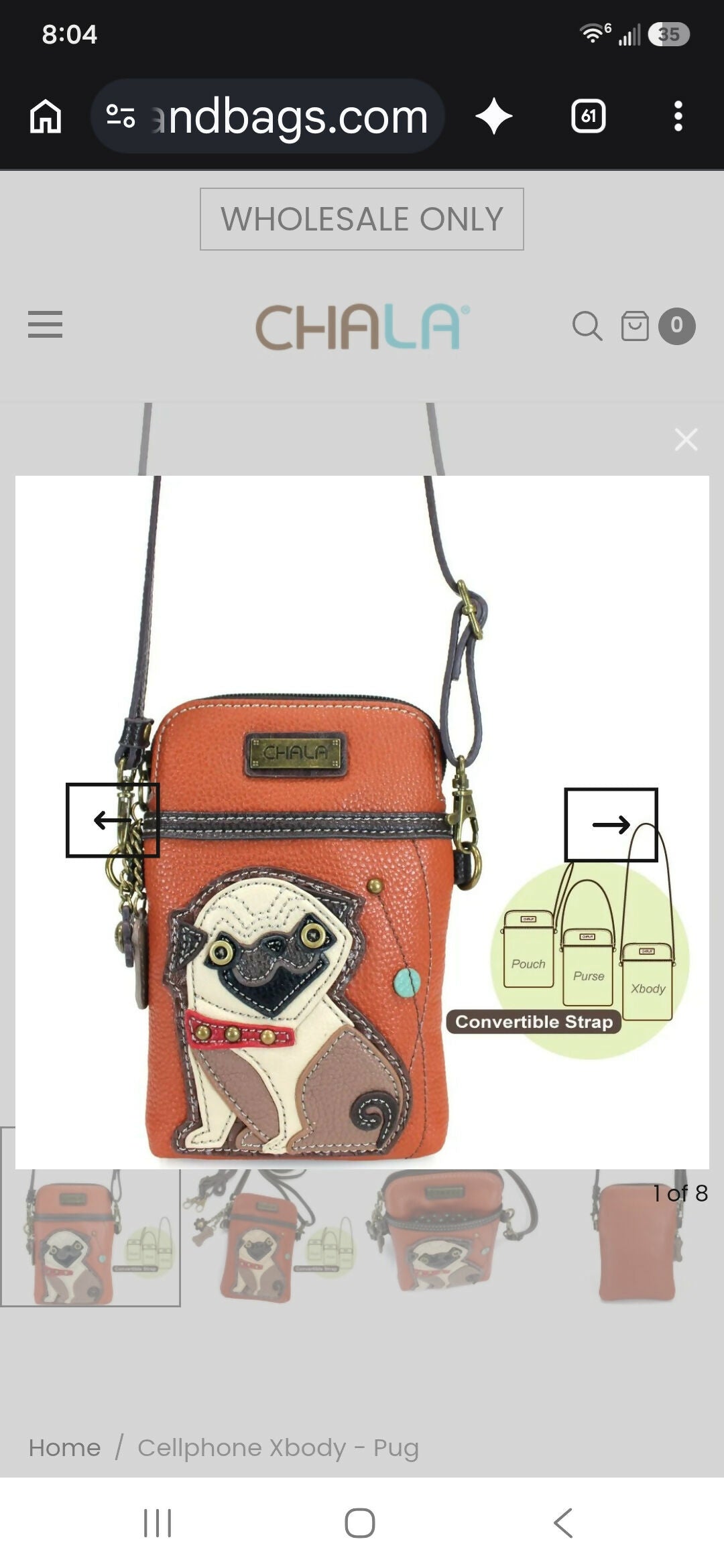 Anytime Crystals Chala Handbags Cellphone Xbody - Pug