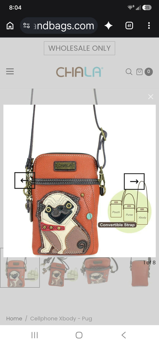 Anytime Crystals Chala Handbags Cellphone Xbody - Pug
