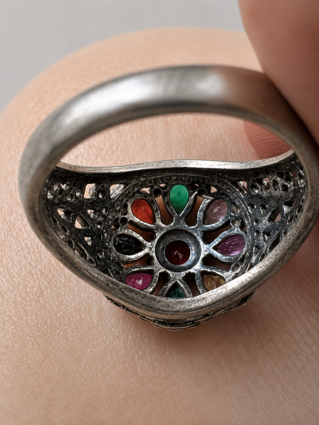 Sterling Silver Navaratna-Inspired Flower Dome Ring | Size 8.5 | 12g
