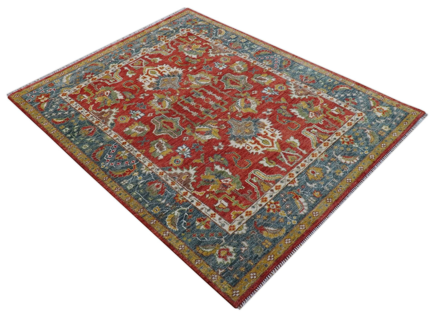 Cali Hand Knotted Turkish Design Rust And Blue Wool Rug
