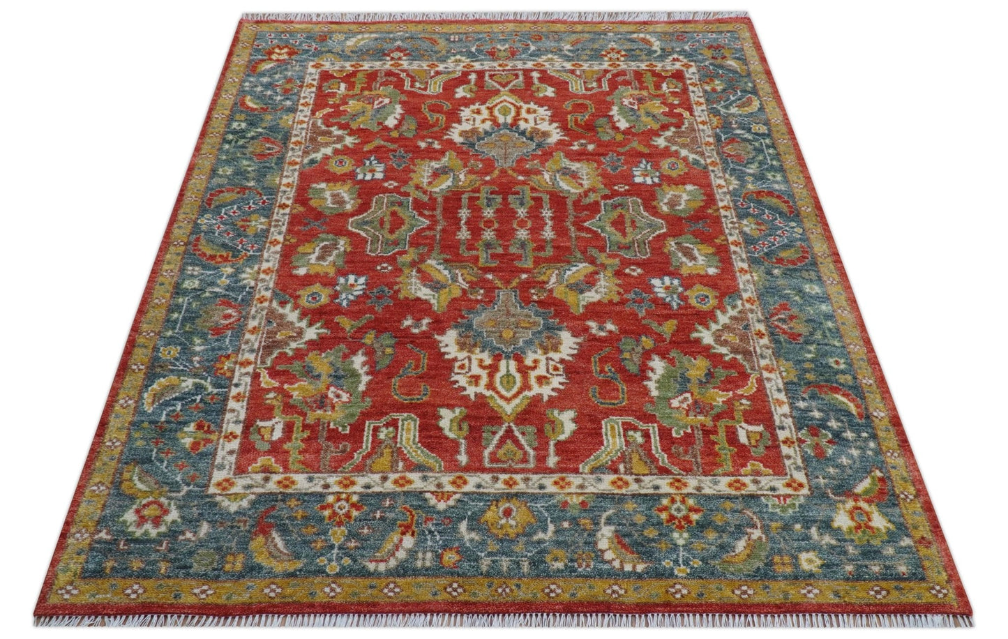 Cali Hand Knotted Turkish Design Rust And Blue Wool Rug