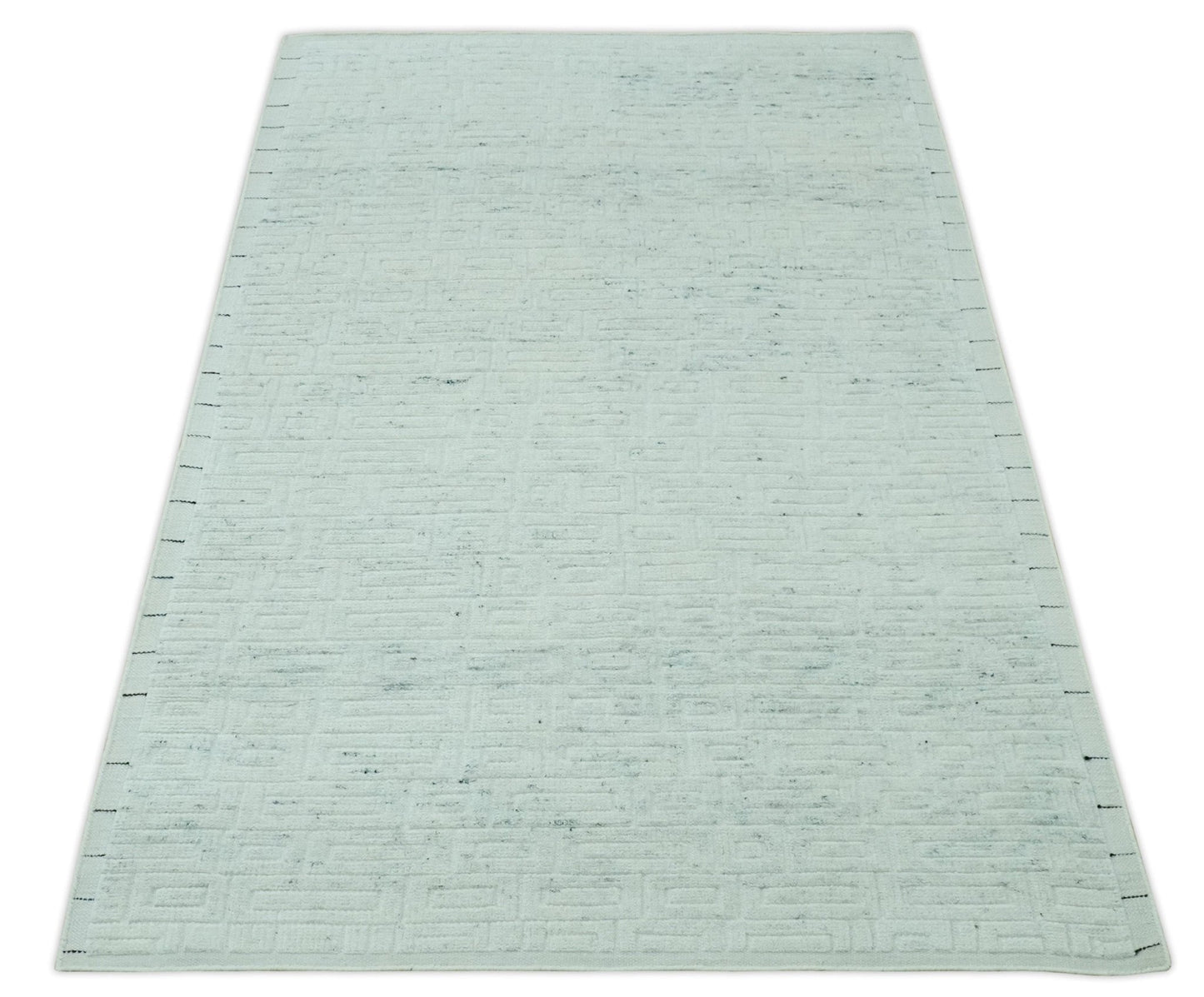 Carved Texture Modern Geometrical Design  Custom Made  Ivory and Light Blue Wool Area Rug