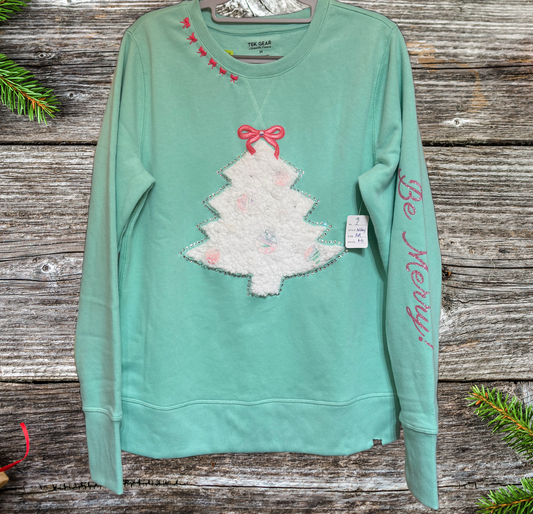 Aqua Sweatshirt with White Tree and Embroidered Pink bows MEDIUM