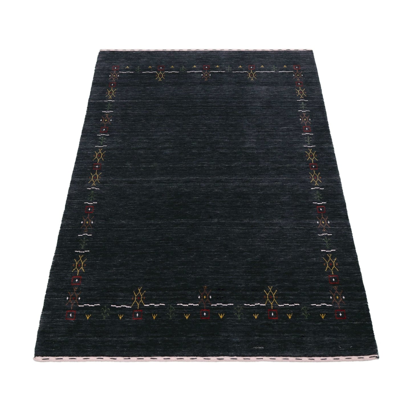 Charcoal Tribal Design Border Hand Loomed Wool Area Rug