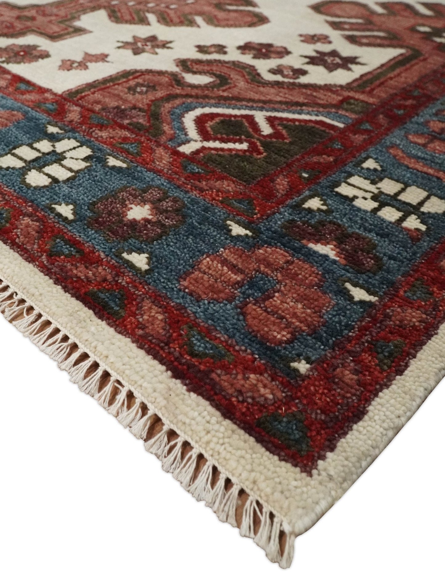 Coral Rust and Ivory Hand Knotted Traditional Heriz Serapi Multi Size Wool area Rug