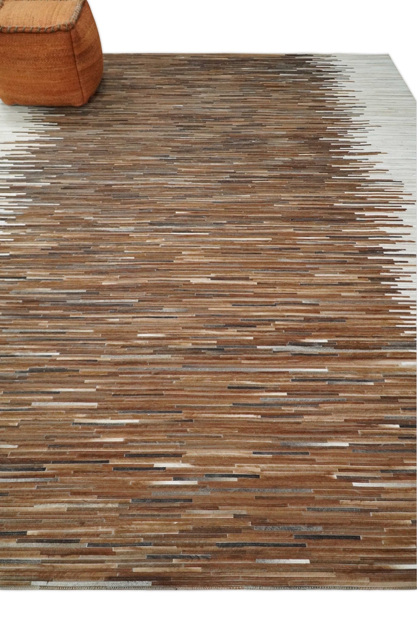 Modern Stripes Cowhide Leather Striped Tan Brown and Ivory Leather Multi Size Area Rug