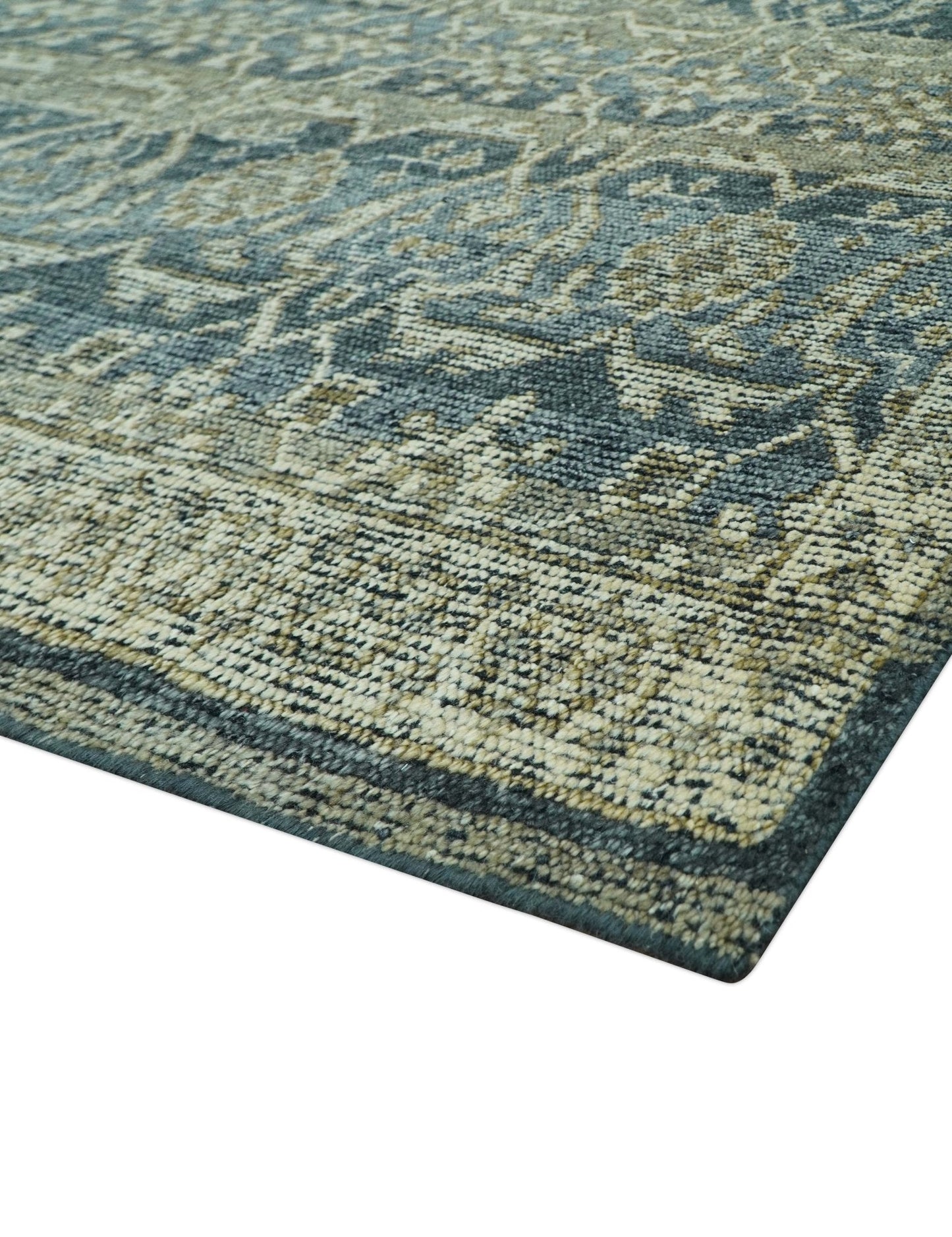 Custom Made Antique Charcoal Blue Transitional Hand Knotted Wool Area Rug