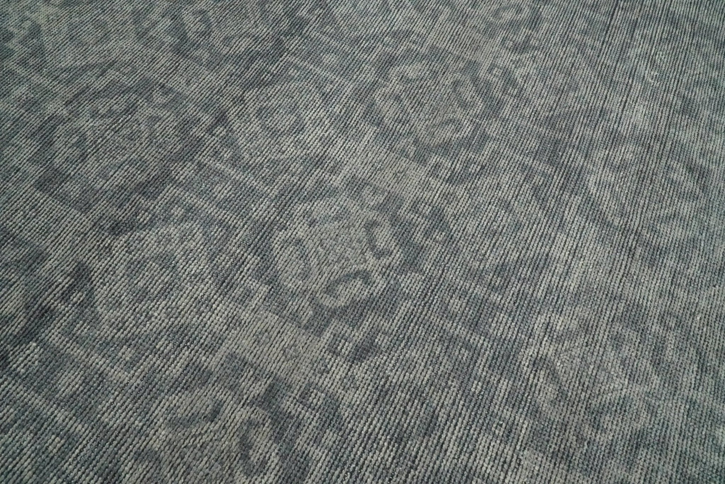 Custom Made Antique Finish Hand knotted Silver and Charcoal Wool Area Rug, Kids, Living Room and Bedroom Rug