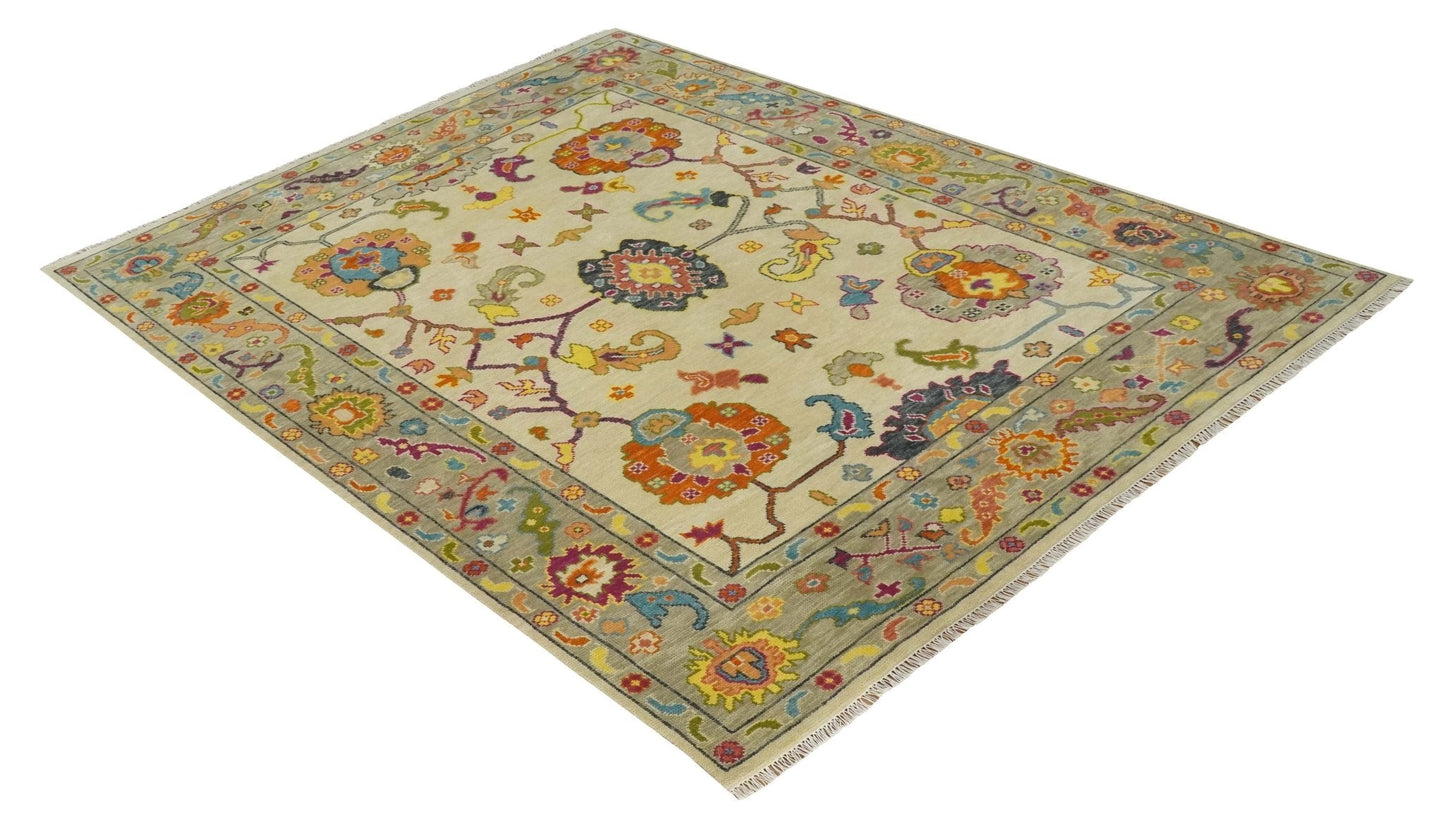 Custom Made Antique Style Beige Colorful Hand knotted Traditional Oushak wool Area Rug