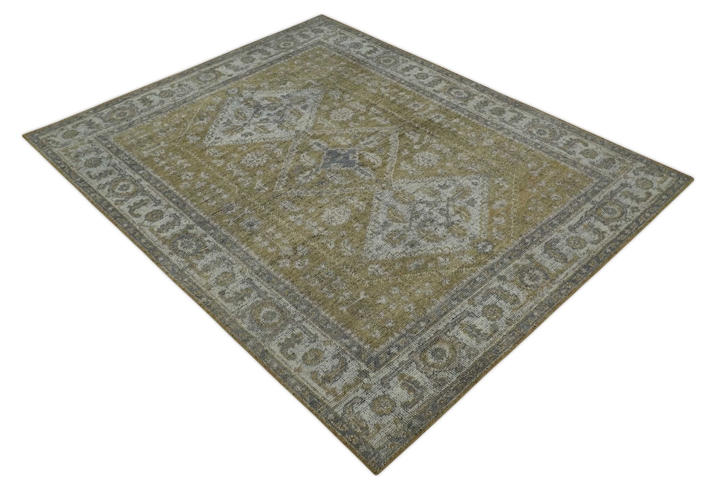 Custom Made Antique Style Hand Knotted Olive, Silver and Charcoal Traditional Wool Area Rug