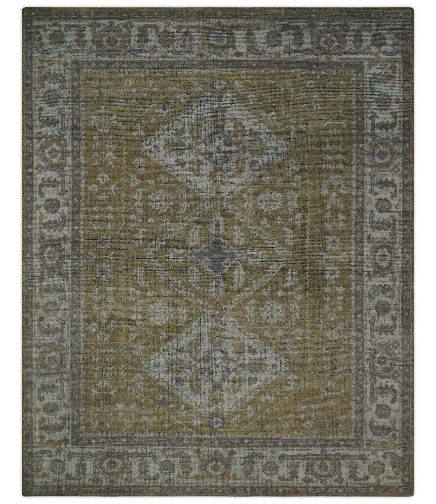 Custom Made Antique Style Hand Knotted Olive, Silver and Charcoal Traditional Wool Area Rug