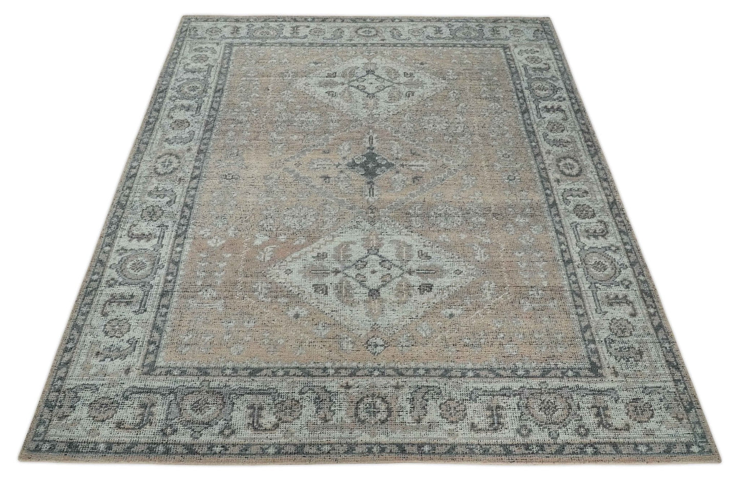 Custom Made Antique Style Peach, Ivory and Charcoal Hand knotted Traditional Wool Rug