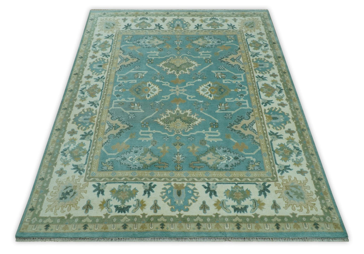 Custom Made Aqua and Beige Hand Knotted Traditional Wool Rug