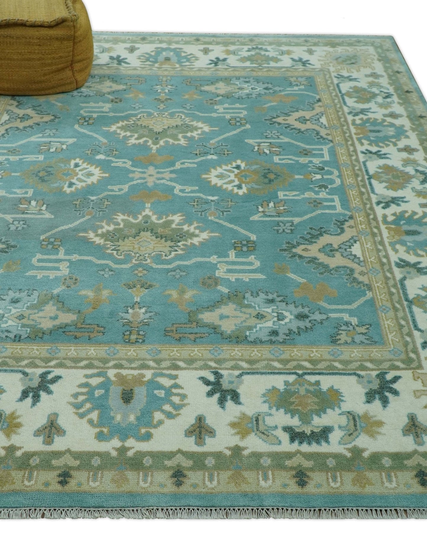 Custom Made Aqua and Beige Hand Knotted Traditional Wool Rug