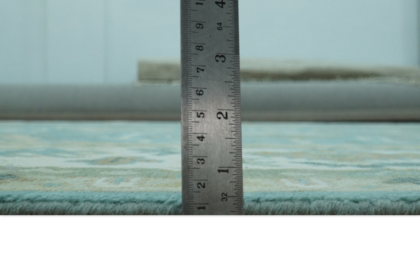 Custom Made Aqua and Beige Hand Knotted Traditional Wool Rug