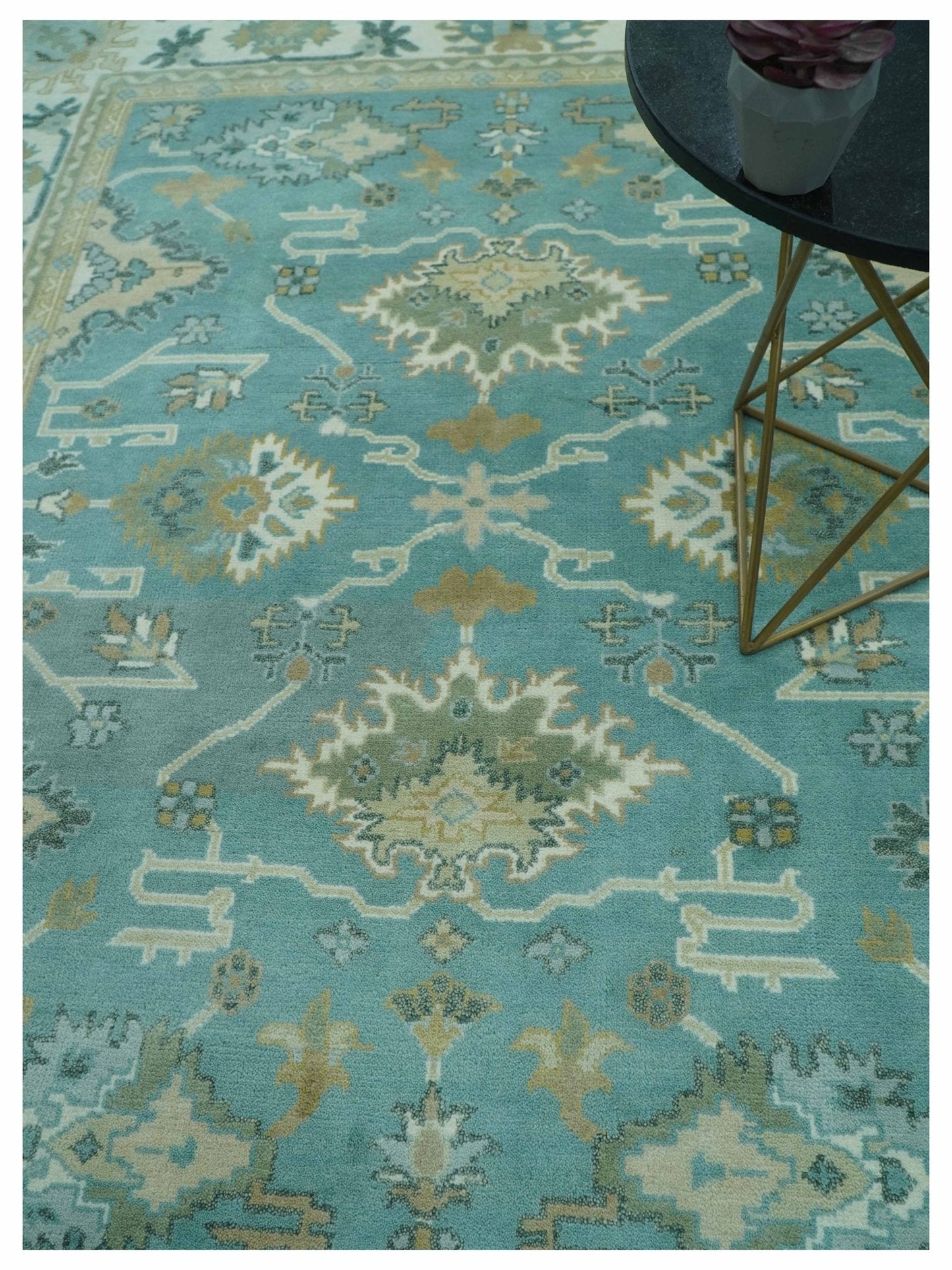 Custom Made Aqua and Beige Hand Knotted Traditional Wool Rug