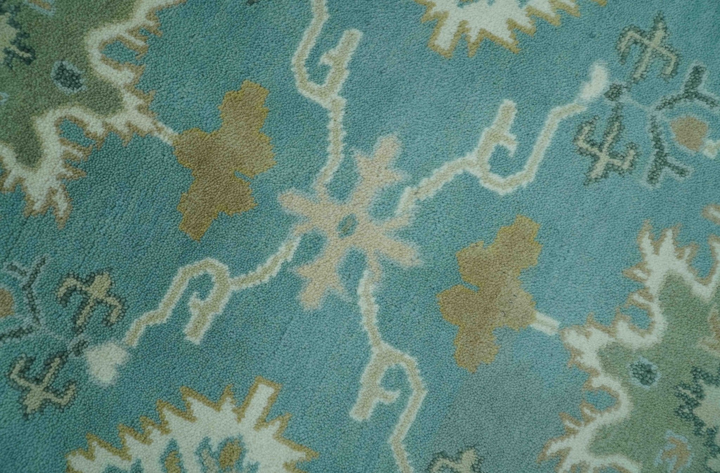 Custom Made Aqua and Beige Hand Knotted Traditional Wool Rug